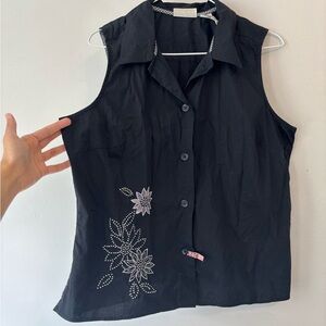 Vintage Fairycore Black Button Up Cotton Blouse Floral Embroidered Beading large